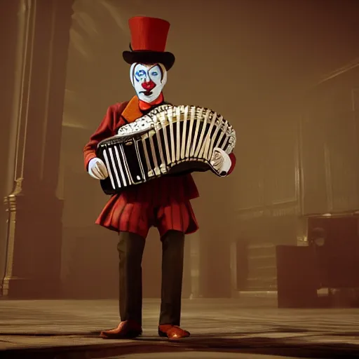 Prompt: a peculiar man with an accordion where his neck should be, clown face, steampunk, 4K Unreal Engine render