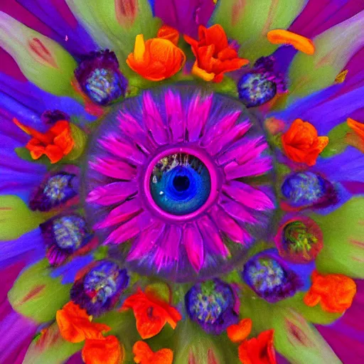 Prompt: A single, beautiful eye gazes at you from the center of the flower. Colorful, vibrant. Trending on Artstation