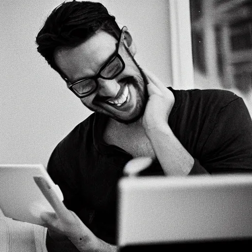 Image similar to guy looking at a laptop screen laughing, photograph, 35mm