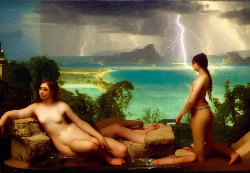 Image similar to Girl at the palace, refracted sparkles, thunderstorm, greek pool, beach and Tropical vegetation on the background major arcana sky, by paul delaroche, hyperrealistic 4k uhd, award-winning, very very very detailed