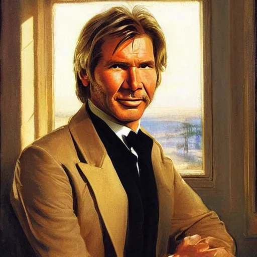 Image similar to a beautiful portrait of Harrison ford with long golden blond hair gazing warmly at the viewer, golden hour, by J.C Leyendecker and Peter Paul Rubens