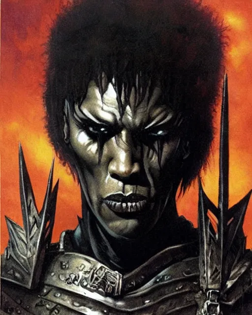 Image similar to portrait of a skinny punk goth denzel washington wearing armor by simon bisley, john blance, frank frazetta, fantasy, thief warrior