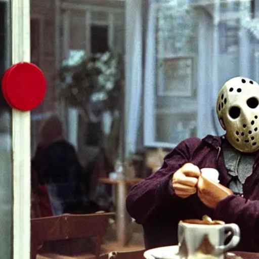 Image similar to photograph of jason voorhees having a coffee at an european caffé