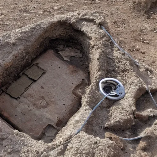 Prompt: Archeologists uncovering an ancient computer hard drive from 10,000 years ago