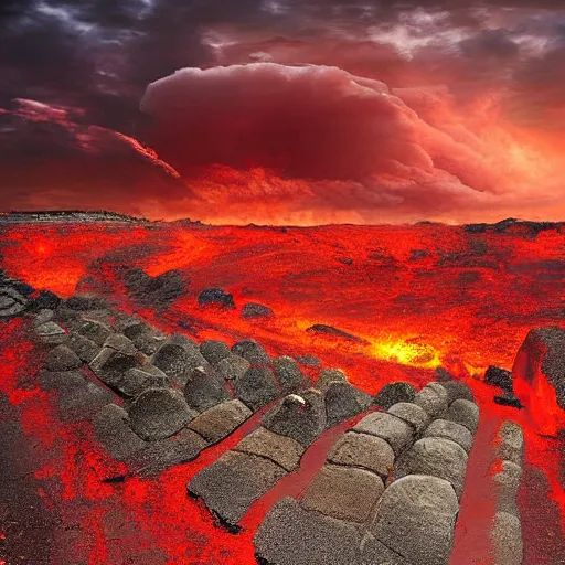 Prompt: a red sky and molten ground landscape, easter island heads are sinking in to the ground crumbling and seems to be fighting a storm or volcano, digital art