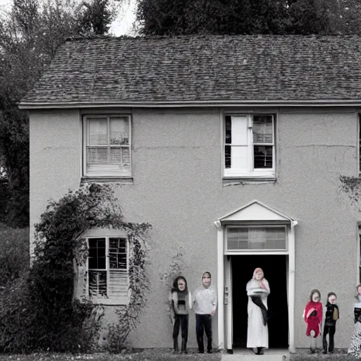 Prompt: family photograph in front of an old house, a ghostly face is visible in one of the windows