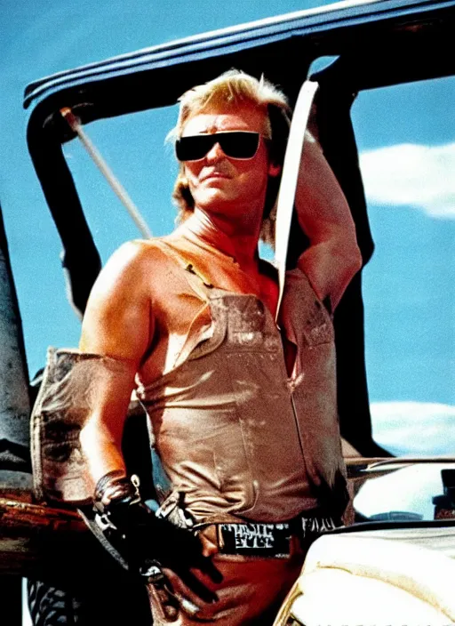 Prompt: an 8 0's john alvin action movie poster starring donald trump mad max. sunglasses. overalls