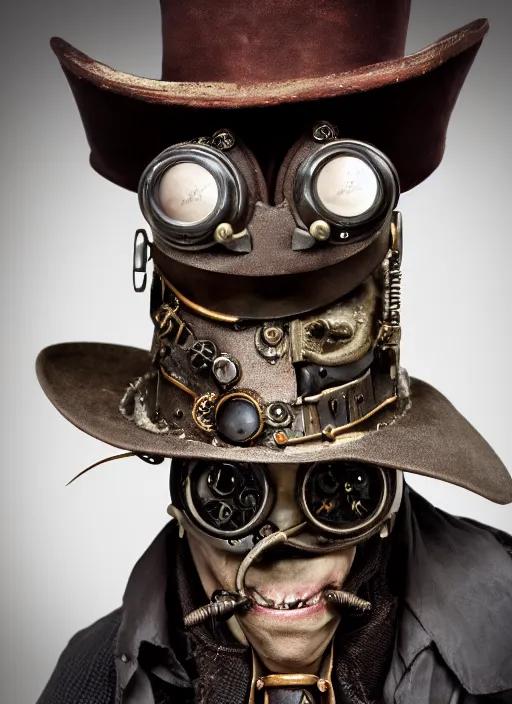 Image similar to closeup portrait of a steampunk medieval goblin wearing a top hat and goggles, depth of field, zeiss lens, detailed, symmetrical, centered, fashion photoshoot, by Annie Leibovitz and Steve McCurry, David Lazar, Jimmy Nelsson, Breathtaking, 8k resolution, extremely detailed, beautiful, establishing shot, artistic, hyperrealistic, beautiful face, octane render