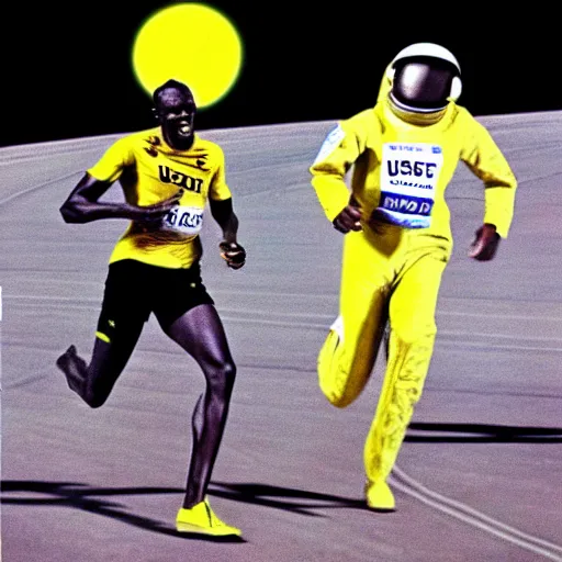 Image similar to usain bolt racing against an astronaut on the moon, kodachrome film