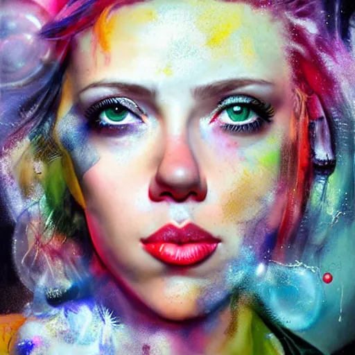 Image similar to drunken scarlett johansson as delirium from sandman, ( hallucinating colorful soap bubbles ), by jeremy mann, by sandra chevrier, by dave mckean and richard avedon and maciej kuciara, punk rock, tank girl, high detailed, one green eye and one blue eye, 8 k