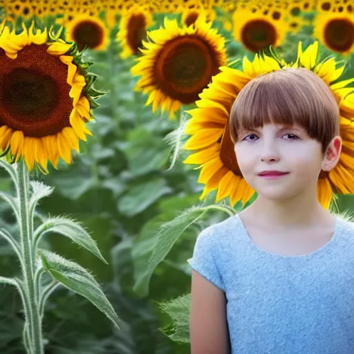 Image similar to portrait of a girl with pixie cut hairstyle in a field of sunflowers, sunny day, HD