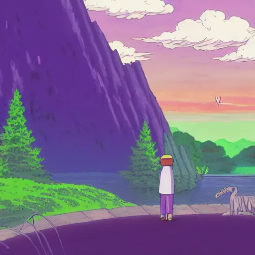 Prompt: purple guy looking at wild animals in ghibli style in studio ghibli artstyle, art, smooth, highly detailed, 4k, art, anime, colorful, river, beautiful scene,