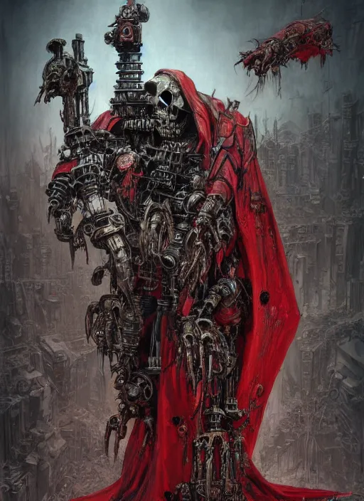 Image similar to portrait of rotten zombie skull adeptus mechanicus in red hood and robe from Warhammer 40000. Highly detailed, artstation, illustration by and John Blanche and zdislav beksinski and wayne barlowe