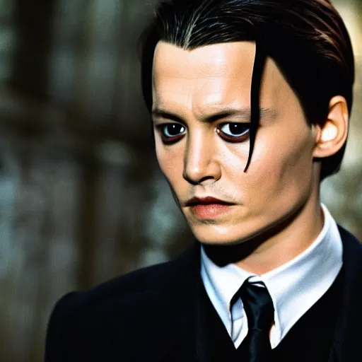 Image similar to Film Still of a Young Adult Johnny Depp playing Adult Tom Riddle in Harry Potter, Film Still, realistic, hyperrealistic, very realistic, very very realistic, highly detailed, very detailed, extremely detailed, detailed, detailed face, very detailed face, very detailed face, realism, HD Quality, 8k resolution, intricate details, body and head in frame, Real Life