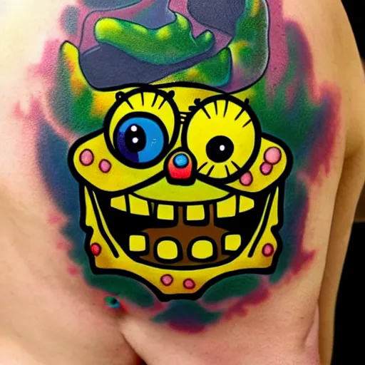 Prompt: spongebob circle pants, creepy, eerie, shadows, evil, dememnted, ultra realistic, hyper-realistic, 8k, 4k, tattoo art, tattoo,