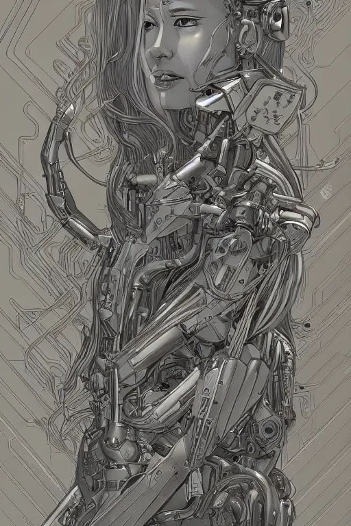 Image similar to gold and silver tones, cybernetic war, style of moebius, james jean, mcbess, star wars, long glowing ethereal hair, cinematic, highly detailed, award winning, 8 k photorealistic