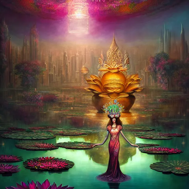 Image similar to Beautiful 3d render of the flower queen goddess near a pond full of lotus, atmospheric lighting, painted, intricate, volumetric lighting, beautiful, rich deep colours masterpiece, sharp focus, ultra detailed, in the art style of Dan Mumford and marc simonetti, with a clear crowded futuristic cyberpunk dubai city in the background, astrophotography