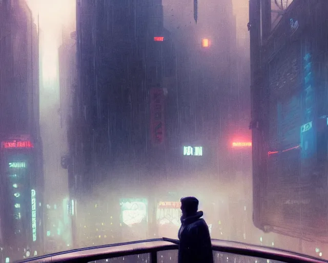Image similar to 2 0 1 8 blade runner movie still man look at the cityscape from roof perfect face fine realistic face pretty face neon puffy jacket blue futuristic sci - fi elegant by denis villeneuve tom anders zorn hans dragan bibin thoma greg rutkowski ismail inceoglu illustrated sand storm alphonse mucha