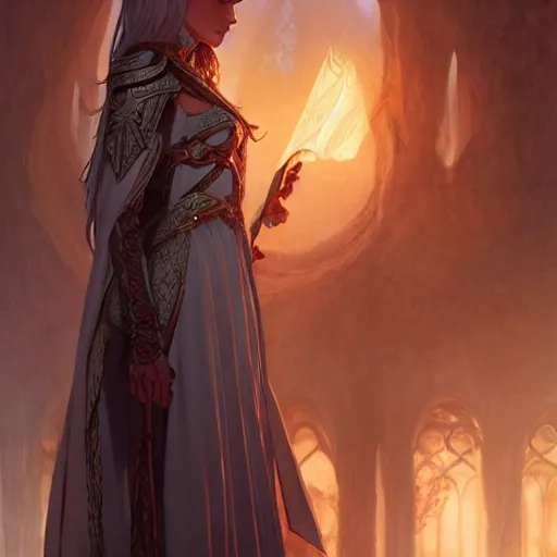 Image similar to a beautiful high elf , D&D, fantasy, intricate, cinematic lighting, highly detailed, digital painting, artstation, concept art, smooth, sharp focus, illustration, art by Terry Moore and Greg Rutkowski and Alphonse Mucha