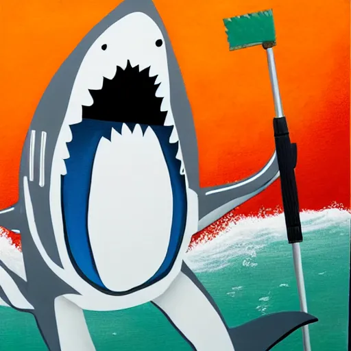 Image similar to Shark in a janitor outfit painting