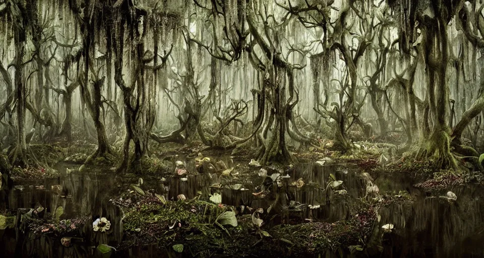 Prompt: A dense and dark enchanted forest with a swamp, by Kirsty Mitchell