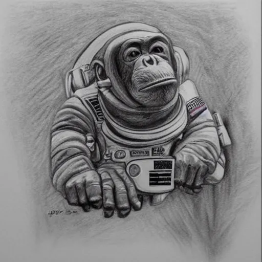 Image similar to pencil art, portait, highly detailed, epic, astronaut chimpanzee holding hands with a human astronaut.