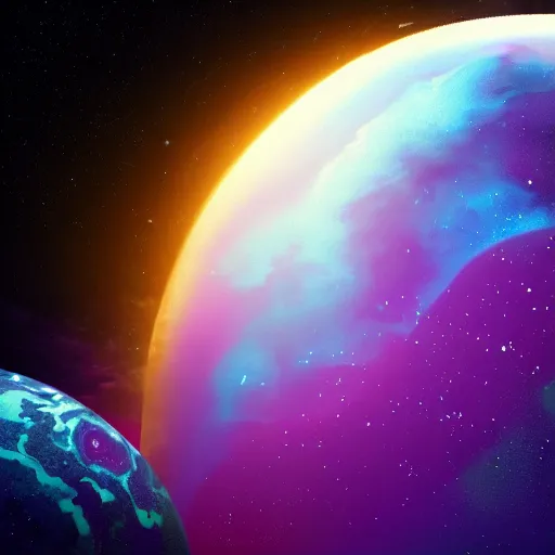 Image similar to a detailed matte painting of a marble - like water planet with continents orbiting a large purple sun in a sea of stars surrounded by colorful swirling gas clouds, by alena aenami, petros afshar and greg rutkowski trending on artstation, deviantart, planet, clouds, earth, exoplanet, stars, nubulae hubble, 8 k, 4 k