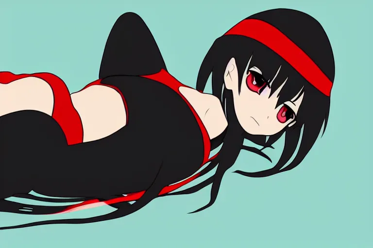 Image similar to a girl laying from left to right, wearing a black outfit with red trim, simple vector shaded anime style, simple anime digital art, 4 k