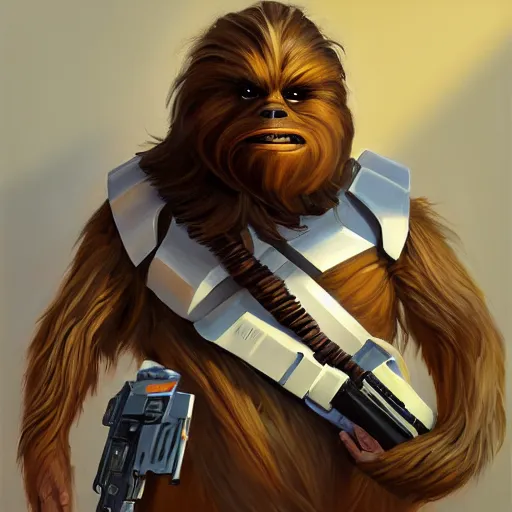 Image similar to greg manchess portrait painting of chewbacca as overwatch character, medium shot, asymmetrical, profile picture, organic painting, sunny day, matte painting, bold shapes, hard edges, street art, trending on artstation, by huang guangjian and gil elvgren and sachin teng