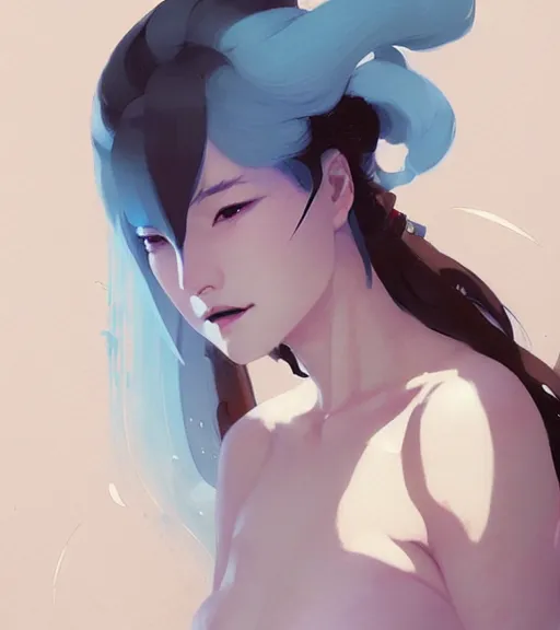 Prompt: portrait of a beautiful alluring immortal japanese goddess by atey ghailan, by greg rutkowski, by greg tocchini, by james gilleard, by joe fenton, by kaethe butcher, by rick wade art, dynamic lighting, gradient light blue, brown, blonde cream and white color scheme, grunge aesthetic