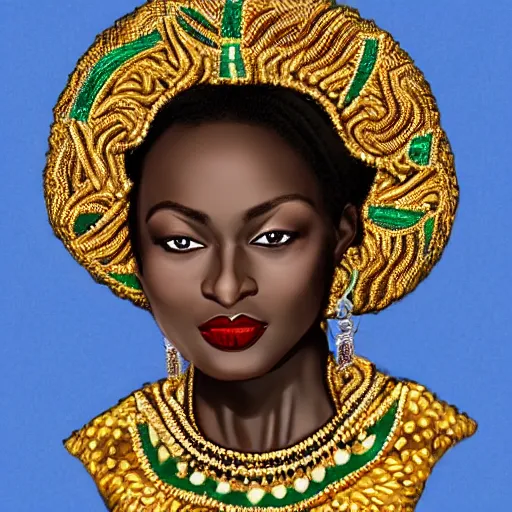 Image similar to An ethnically african duchess with an updo wearing an emerald dress and gold jewelry, fantasy character portrait