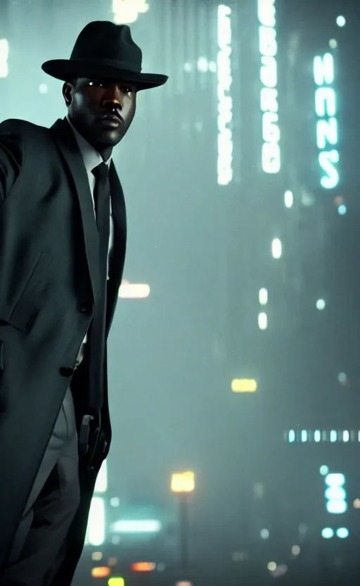 Prompt: hyper - realistic, a handsome black male detective holding a blaster, wearing a fedora, a suit and trench coat, blade runner city, futuristic - noir aesthetic, cinematic composition, cinematic colors, 3 5 mm film, roger deakins style, realistic film, no signature, 8 k