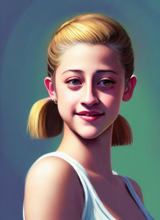 Image similar to portrait of teenage lili reinhart with bangs, smiling kindly, bangs, 1 9 6 0 s, ponytail, bangs and ponytail, intricate, elegant, glowing lights, highly detailed, digital painting, artstation, concept art, smooth, sharp focus, illustration, art by wlop, mars ravelo and greg rutkowski