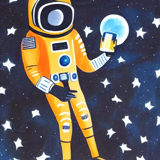 Prompt: A painting of a black astronaut drinking orange juice under his helmet