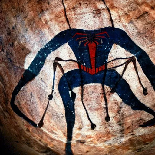 Image similar to a cave painting of spiderman, drum pads, maschine. lascaux cave paintings, chauvet