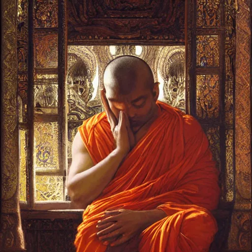 Image similar to highly detailed potrait of blind folded by cloth srilankan cunning buddhist monk praying in baroque style, painting by gaston bussiere, craig mullins, j. c. leyendecker, lights, art by ernst haeckel, john william godward, hammershøi,