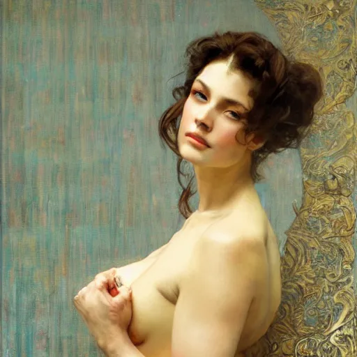 Image similar to portrait of a beautiful woman, intricate, elegant, highly detailed, by ruan jia, gil elvgren, greg manchess, mucha