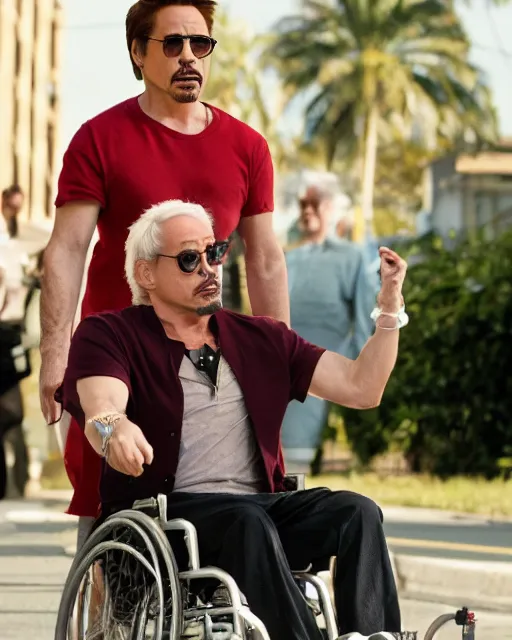 Prompt: robert downey jr. starring in weekend at bernie's. movie poster. comedic. cinematic lighting. robert downey jr. in a wheelchair.