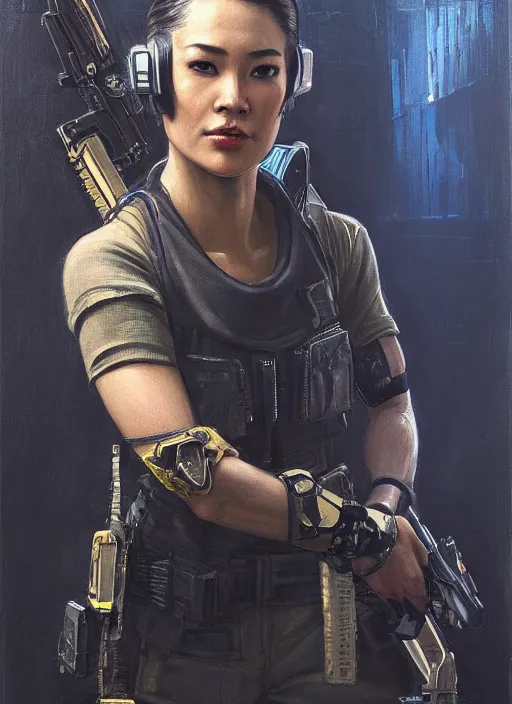 Image similar to Nikki tanaka. beautiful cyberpunk female USN marine wearing a military vest and military jumpsuit (cyberpunk 2077, bladerunner 2049). gorgeous face. Iranian orientalist portrait by john william waterhouse and Edwin Longsden Long and Theodore Ralli and Nasreddine Dinet, oil on canvas. Cinematic, hyper realism, realistic proportions, dramatic lighting, high detail 4k