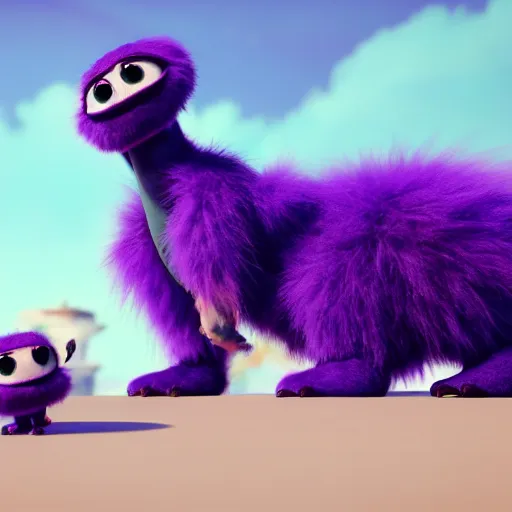 Image similar to a purple fluffy monster, adorable and cute, pixar, octane render, 4k, monster in middle of picture