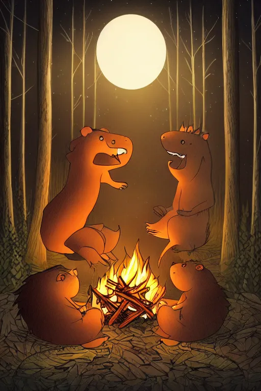 Prompt: an illustration of two evil beavers sitting next to a campfire in a dark forest at night, epid, digital drawing, beautiful, highly detailed, cinematic style, poster