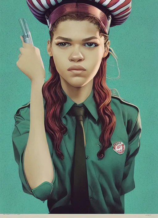 Image similar to poster artwork by Michael Whelan and Tomer Hanuka, Karol Bak of Zendaya a high school student working at the local diner, wearing rr diner uniform, from scene from Twin Peaks, clean