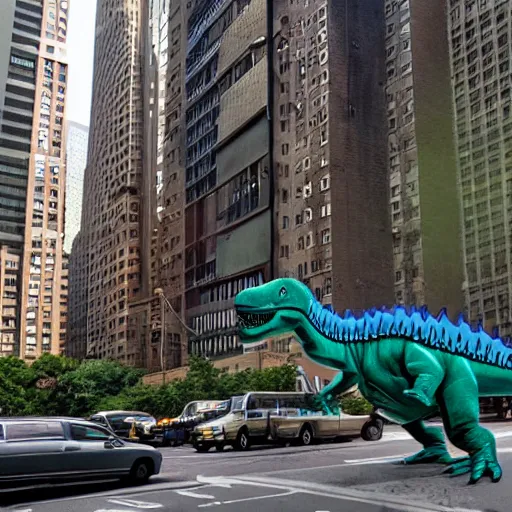 Image similar to a dinosaur lost in manhattan