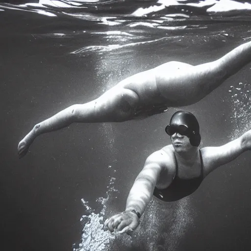 Image similar to A man swimming underwater, there is a submarine behind him