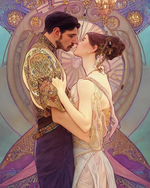 Image similar to the kiss | highly detailed | very intricate | art nouveau | gold filigree | romantic storybook fantasy | soft cinematic lighting | award - winning | watercolor painting by mandy jurgens and alphonse mucha and alena aenami | pastel color palette | featured on artstation