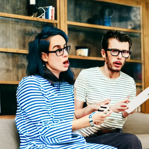 Prompt: a woman in a white and blue striped dress and a hipster argue about iphones on a sofa