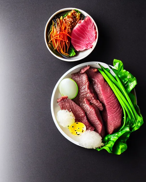 Image similar to realistic photo of delicious yakiniku, bowl, white kitchen table, cloth, marble, highly detailed, by louise lister, sara ali, mary devinat, kailee mandel, masterpiece, award winning, food photography