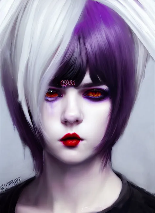 Image similar to portrait of white teenage girl, normal face, white bangs, mall goth, cyberlox, black and white hair, bangs, fluffy bangs, red contact lenses, purple lipstick, intricate, elegant, highly detailed, digital painting, artstation, concept art, sharp focus, smooth, illustration, art by wlop, mars ravelo and greg rutkowski