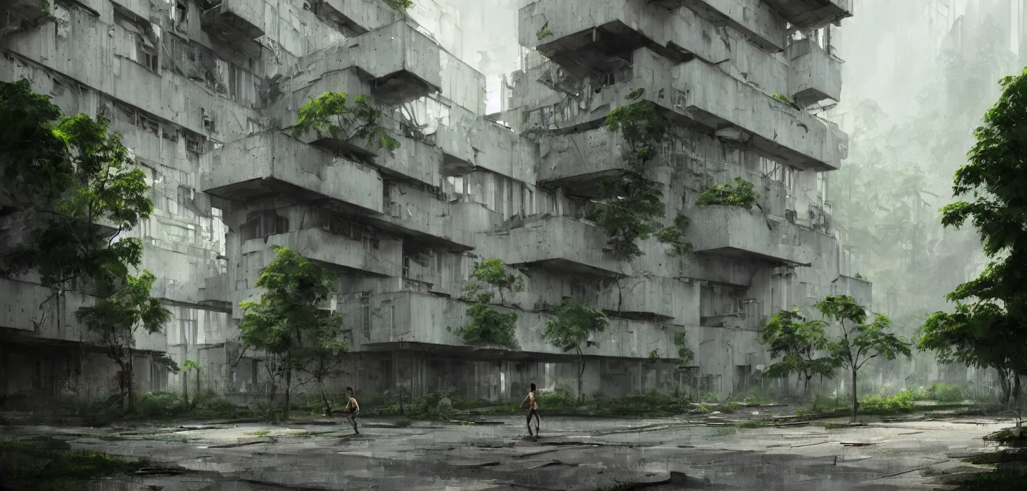 Image similar to brutalist architecture by Le Corbusier, abandoned derelict buildings, damaged structures, empty streetscapes, surrounded by lush green vegetation, volumetric lighting, digital painting, highly detailed, artstation, sharp focus, illustration, concept art, ruan jia, steve mccurry, amazing composition