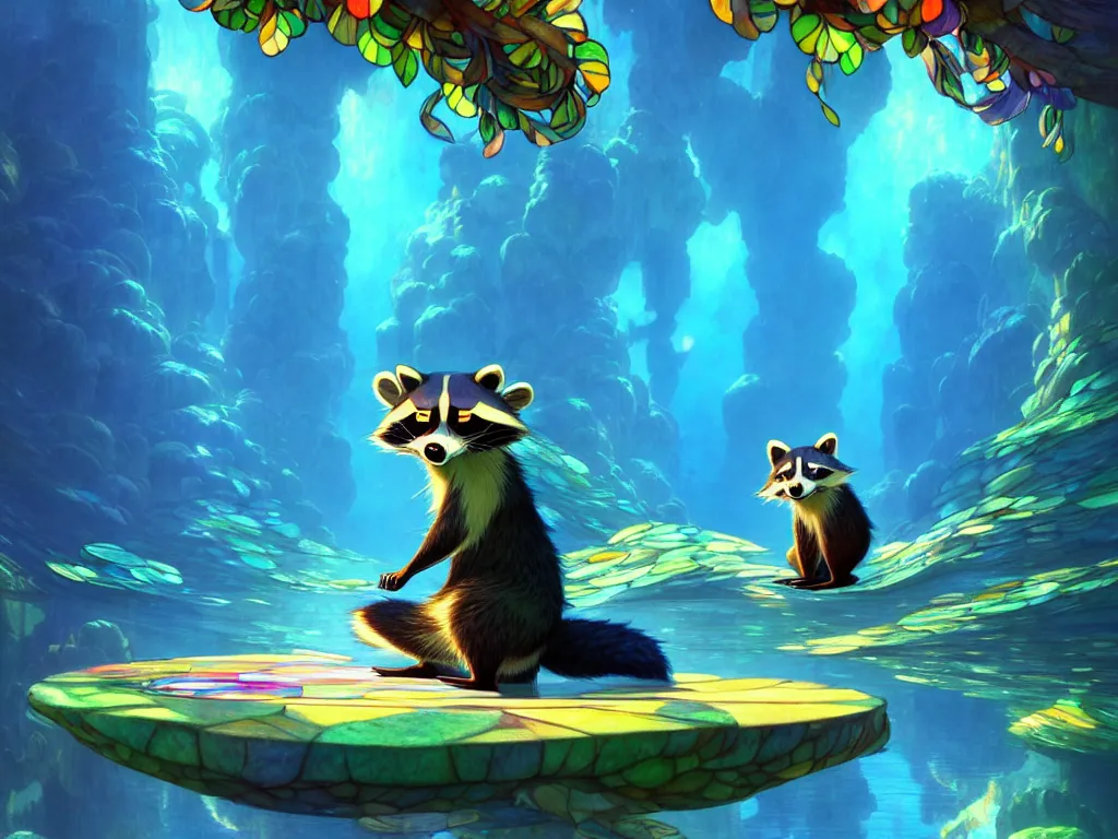 Prompt: the beautiful cartoon animation render a lovely disney raccoon, pop art, underwater world, in the style of makoto shinkai, raphael lacoste louis comfort tiffany, artgerm, karol bak, james jean, ross tran, 8 k hd, fine texture structure, 3 drender